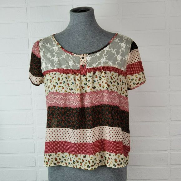 Papaya Peasant Blouse Medium Sheer Thin Lace Print - Picture 1 of 10